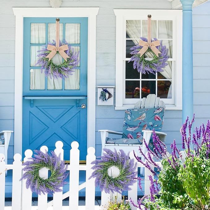4 PCS Spring Wreath for Front Door Lavender Candle Ring Wreaths Mini Purple Table Centerpieces 9 Inch Floral Wreaths for Pillars Cabinets Farmhouse Spring Summer Wedding Party Home Decor