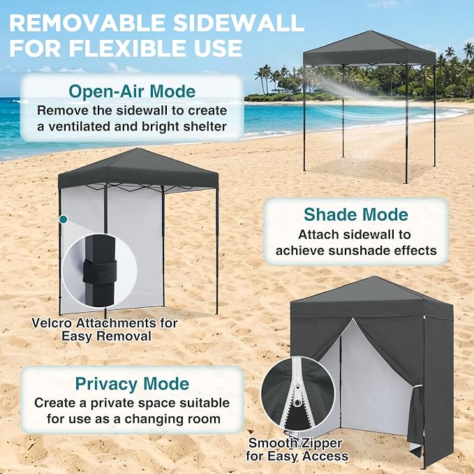 EAGLE PEAK 6x4 Instant Pop Up Canopy Tent with 4 Side Wall Panels, Straight Leg Sun Shelter, Portable Canopy with Carry Bag for Camping, Beach & Sports, Dark Gray
