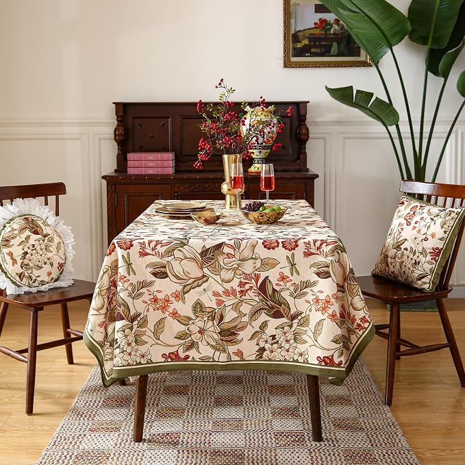 ISAENNE Designer Vintage Linen Rectangular Tablecloth,87"x55"-Grace A | French Elegant Printed Table Cloth for Rectangle Table,Floral Pattern,Decor,Heavyweight,Dining Room,Kitchen,Thanksgiving