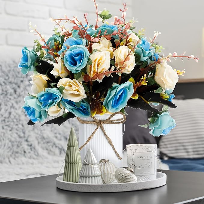 Domensi 6 Sets Wedding Centerpiece for Table Artificial Rose with Vase Fake Bouquets and Metal Pot Flower Arrangements for Bridal Shower Birthday Party Event Table Decor (Teal)