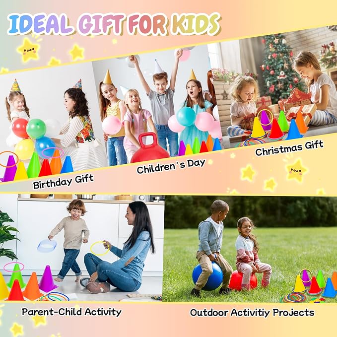 JOY SPOT! Carnival Outdoor Games Combo Set for Kids, 18 Inch Hopper Balls with Handles, Ring Toss, Bean Bags, Egg Spoon Relay Race, Fun for Backyard, Field Day, School, Birthday Parties, Family Events