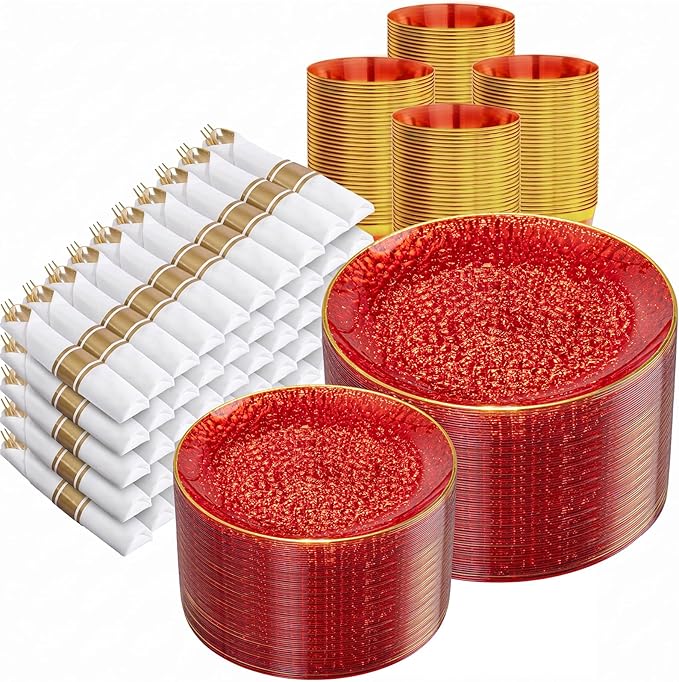 Rubtlamp 700Pcs Red Gold Plastic Dinnerware Set, Hammered Red Gold Plates, Fancy Plastic Plates Include 100 Dinner Platos, 100 Salad Platos, 100 Cups,100 Pack Pre Rolled gold plastic Silverware