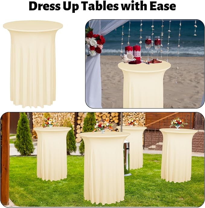 Kochorie 4 Pieces Cocktail Table Skirt Round Cocktail Table Covers 32 x 43 Inch Spandex Stretch High Top Table Cloth for Wedding Table Bar Banquet Party Supplies (Champagne)
