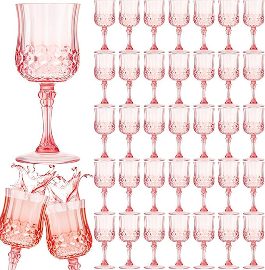 Pinkunn 50 Pcs 7 oz Plastic Vintage Wine Glasses Reusable Colored Goblets Patterned Drinking Water Glasses Cup Dishwasher Safe for Mother's Day Wedding Reception Party Supplies (Pink)