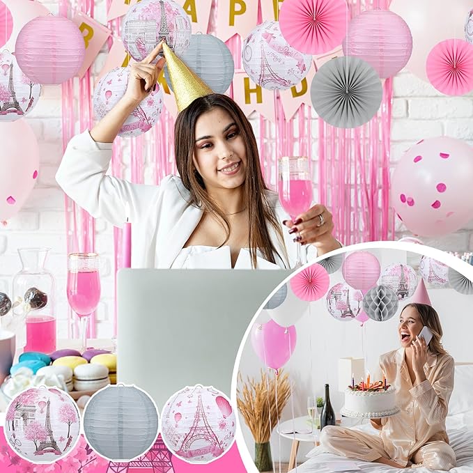 Retisee 18 Pcs Paris Party Decorations Eiffel Tower Theme Hanging Paper Lanterns Pink Grey Honeycomb Fans Honeycomb Ball for European City Landscape Pink Theme Party Birthday Ceiling Decor Supplies