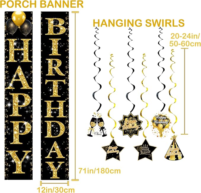 Black and Gold Birthday Decorations Kit for Men and Women, Happy Birthday Banner, Backdrop, Porch Sign, 6 Pcs Honeycomb Centerpieces, 6Pcs Hanging Swirls, Party Supplies (Black Gold For All Ages)