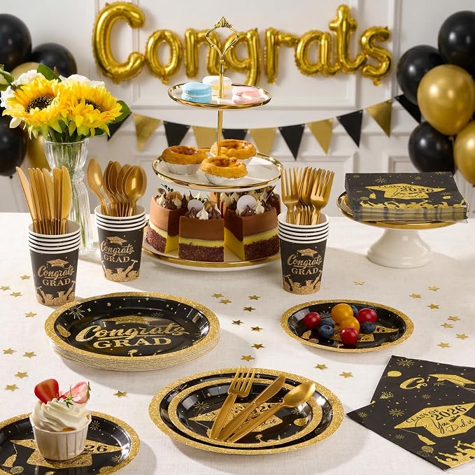 Goodluck Black & Gold 2026 Congrats Grad Disposable Tableware Sets, 350 PCS Graduation Party Supplies Include 9" & 7" Disposable Graduation Paper Plates, 9oz Cups, Napkins & Cutlery for 50 Guests