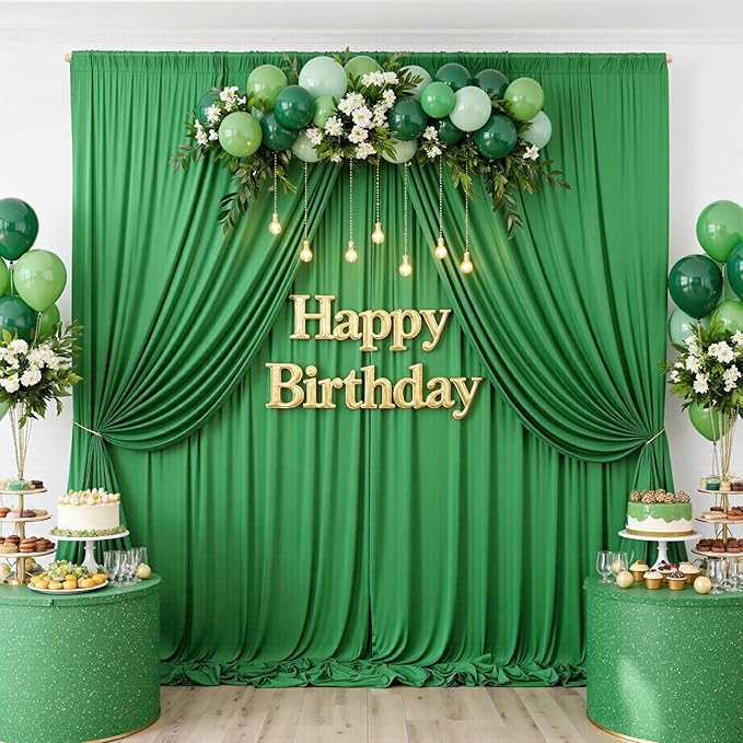 10ftx10ft Wrinkle Free Green Backdrop Curtains for Parties, Silky Polyester Photo Backdrop Drapes 2 Panels 5x10ft Back Drop Cloth for Wedding Birthday Baby Shower Photography Background