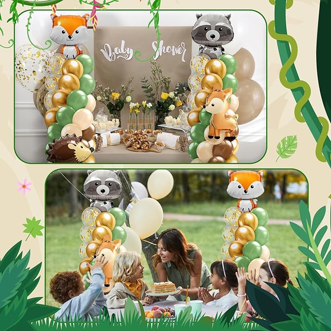 2 Sets Woodland Animals Baby Shower Balloon Column Stand Kit Sage Green and Brown Balloon Arch Garland Kit for Birthday Party Neutral Forest Gender Reveal Cartoon Baby Shower Decoration