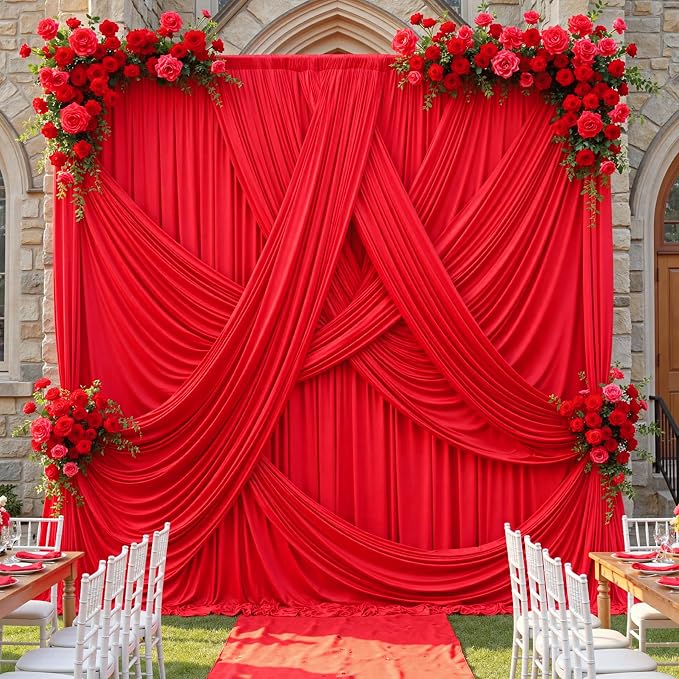 50ft×12ft Red Backdrop Curtain for Wedding Parties, 10 Panels Wrinkle Free Polyester Photo Backdrop Drapes Back Drop Cloth for Memorial Day Birthday Photography Background
