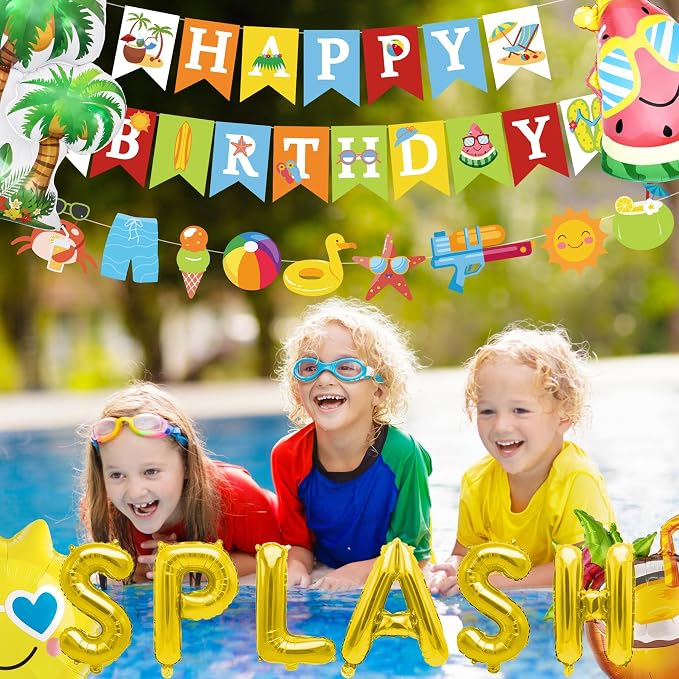 Summer Pool Beach Party Decorations, Splash Birthday Bash Party Supplies Tropical Summer Banner Beach Ball Lantern Fringe Curtain Foil Balloons Arch for Swimming Water Luau Hawaiian Party Decor(Blue)