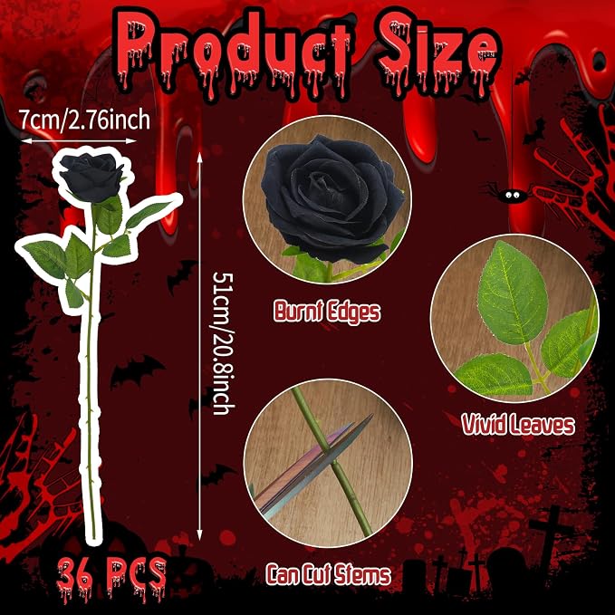 36 Pcs Black Rose Bouquet Bridal Artificial Flowers | Fake Rose Long Stem Realistic Artificial Flowers Bulk for Wedding Bouquet Ball Arrangement Centerpiece Party Decor