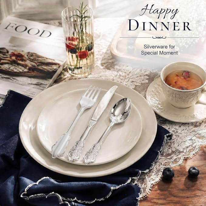 WDF 200 Pieces Silver Plastic Silverware Disposable - 50Guests Silverware Plastic Cutlery - Disposable Utensils Includes 100 Forks, 50 Spoons, 50 Knives Perfect for Christmas Wedding or Party