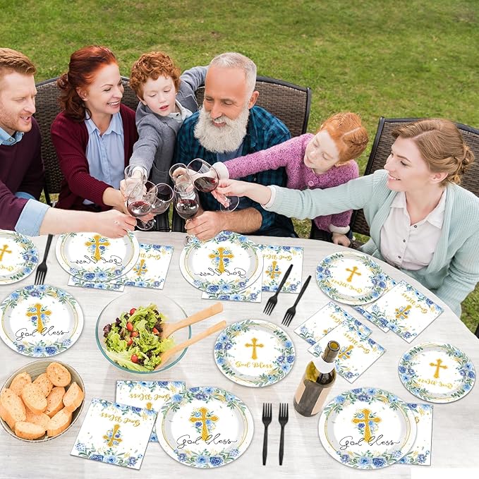 200pcs God Bless Plates Napkins Baptism Paper Tableware Set First Holy Communion Cake Dessert Disposable Dinnerware Blue Floral Party Decoration for Christening Birthday Decor Supplies Serves 50