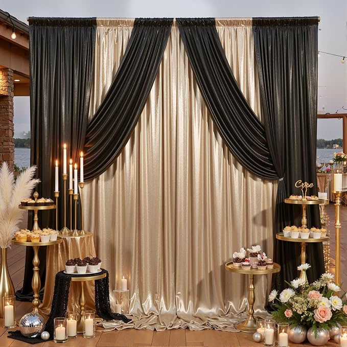 20ft x 10ft Champagne Black Sequin Backdrop Curtain for Parties, Wrinkle Free Glitter Photo Backdrop Drapes 4 Panels 5x10ft Back Drop Cloth for Wedding Photography Background