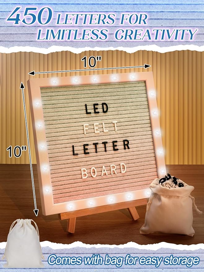Changeable Felt Letter Board with LED Lights - 10×10" Message Custom Signs & Wood Stand & 450 Letters, Poster Board for Baby/Pregnancy Announcement/Classroom Decor Gifts First Day of School, Gradient