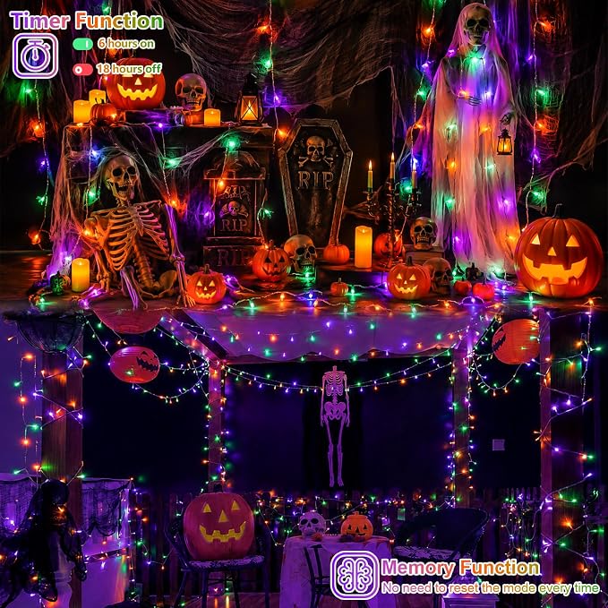 QITONG 2 Pack Battery Operated Halloween Lights, Each 33ft 100 LED Purple Orange and Green String Lights Outdoor Waterproof with Remote, Clear Wire Christmas Twinkle Lights with 8 Modes Indoor