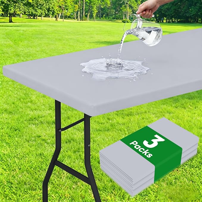 Smiry 3 Pack Rectangle Table Cloth, Elastic Fitted Flannel Backed Vinyl Tablecloths for 6ft Folding Tables, Waterproof Wipeable Table Covers for Outdoor, Camping and Picnic (Light Grey, 30"x72")