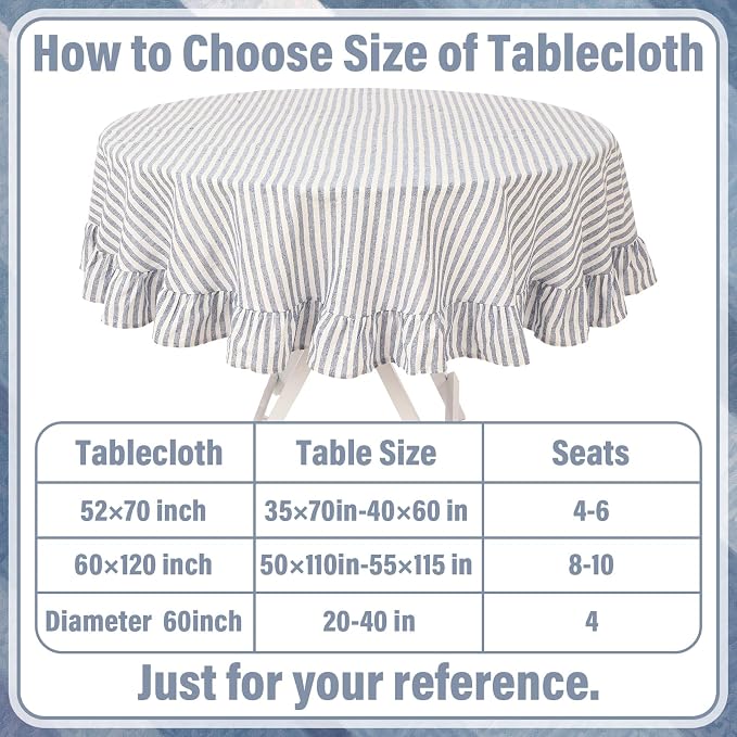 Boao Cotton 60 Inch Ruffle Tablecloth Blue White Striped Flounces Trim Table Cover for Round Table Kitchen Party Wedding Decor