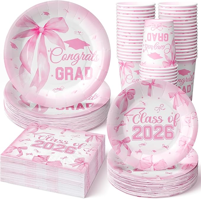 Hsei 250 Pcs Pink Graduation Disposable Plates and Napkins Bow Congrats Grad Disposable Tableware Set for 50 Guests Pink Paper Plates Napkins Cups for Girls Nurses Graduation Party Supplies