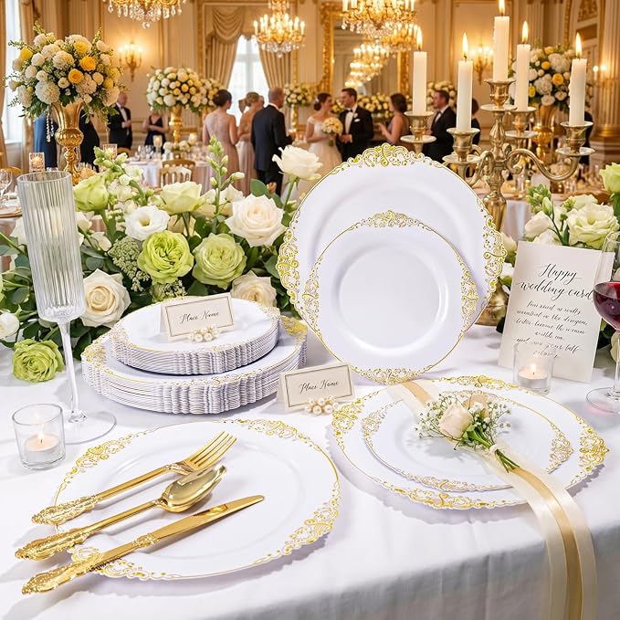125PCS White and Gold Plastic Plates - Gold Disposable Plates with Plastic Silverware - Vintage Disposable Dinnerware Set for 25 Guests for Wedding Party Dinner Holiday