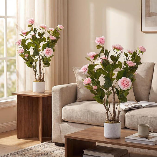 Garvee 2.5FT Artificial Camellia Tree 2 Pack, Faux Camellia Plant with White Planter and 16 Pink Flowers, 30" Fake Potted Flower Trees for Home and Office Decor, Pink