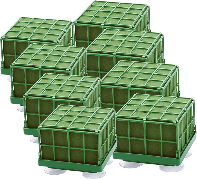Lyellfe 8 Pack Square Floral Foam Cage, Floral Foam Blocks with Suction Cup, Flower Cage Arranger for Fresh Artificial Flowers, Table Centerpiece and Wedding Decor