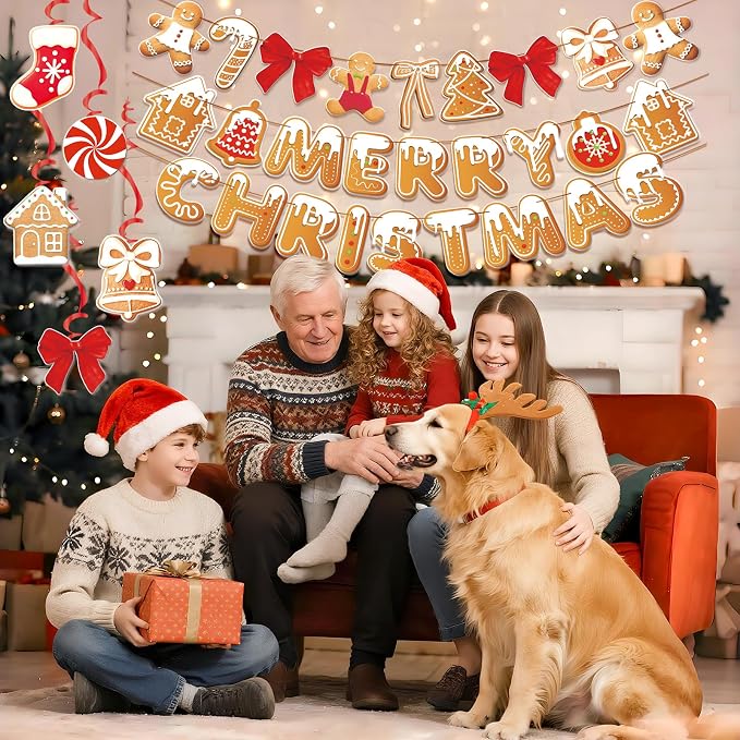 Merry Christmas Banners Gingerbread Theme, Pre-Strung Xmas Party Decorations, with 20 Pcs Gingerbread Men Hanging Swirls for Office Celebrations, School Events, Home Holiday Indoor Decor
