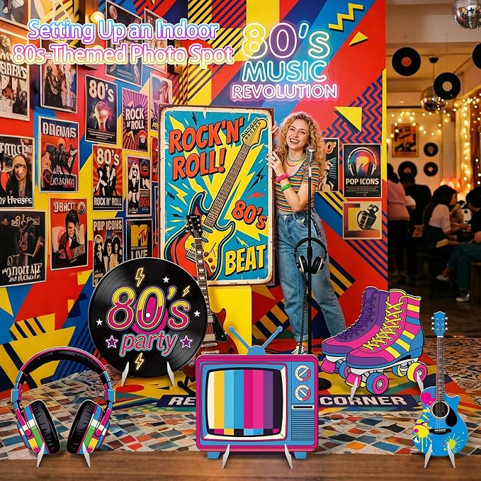 5Pcs 80s Party Decorations, Large Retro Disco Theme Cardboard Cutouts Guitar Headphone Roller Skates Vintage 80s Yard Sign for Neon Hip Hop Music Birthday Indoor Outdoor Photo Props Backdrop