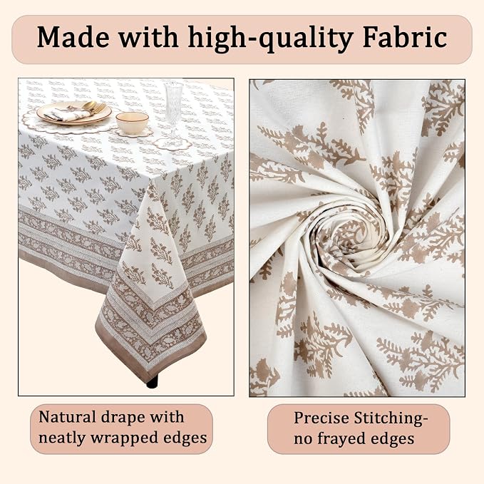 Ridhi Block Print Quiet Earth Rectangle Cotton Tablecloth 108" x 70" Reusable Table Cover Decorative Everyday Use for Dining, Farmhouse, Home Gift for Spring, Easter, Valentine