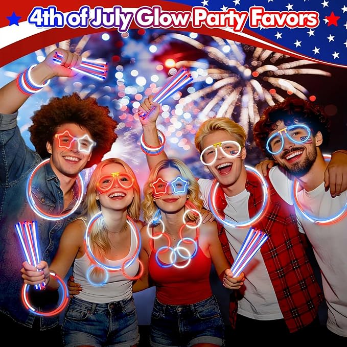 BUDI 467Pcs 4th of July Accessories Glow Sticks: Red White Blue Glow in the Dark Patriotic Party Favors Necklace Bracelets Glasses for Kids Adults 210 GlowSticks 8“ with 257 Connectors Light Up Toys