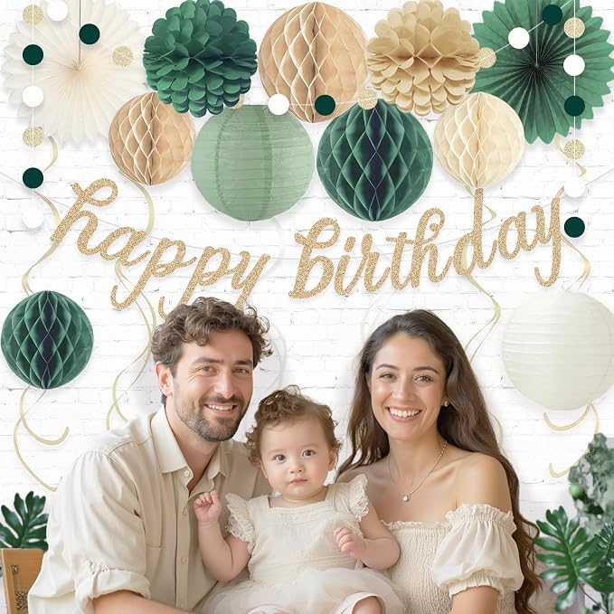 Sage Green Happy Birthday Decorations for Women, Pre-Strung Happy Birthday Banner with Honeycomb Balls, Paper Flowers, Lanterns, Hanging Swirls, Circle Dots Garland for Birthday Party Decor 24pcs