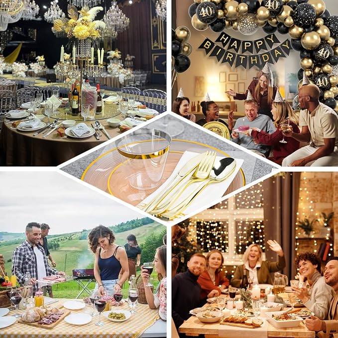N9R 180PCS Orange Plastic Plates with Gold Trim, Disposable Party Dinnerware Set for 30 Guests, Include 30 Dinner and Salad Plates, Napkins, Forks, Spoons, Knives, Perfect for Wedding, Dinner Party