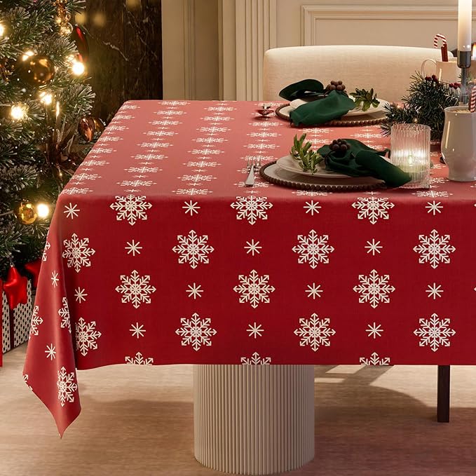 Red Tablecloth, Rectangle Table Cloh with Snowflake Decorations, Spillproof Cotton Linen Fabric Table Cover for Holiday, Winter, Party, Christmas - 54''x72''