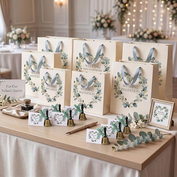 Lounsweer 36 Set Eucalyptus Wedding Bells Bulk Ring for a Kiss with Tags Sage Green Ribbon Kissing Bells for Wedding Reception Decorations Goodies Bags Party Supplies