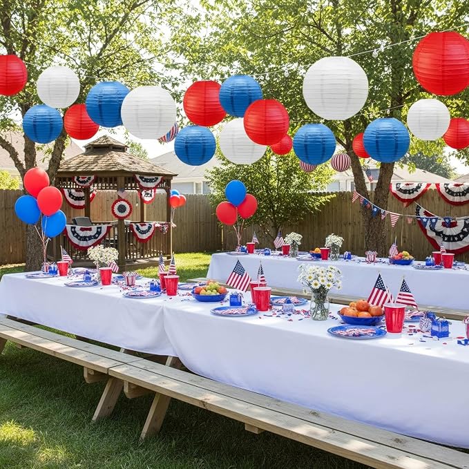 CC wonderland zone 12pcs Red Navy Blue and White Paper Lanterns,Hanging Paper Lanterns for Independence Day,July 4th Party,Memorial Day,Veterans Day,Party Decoration