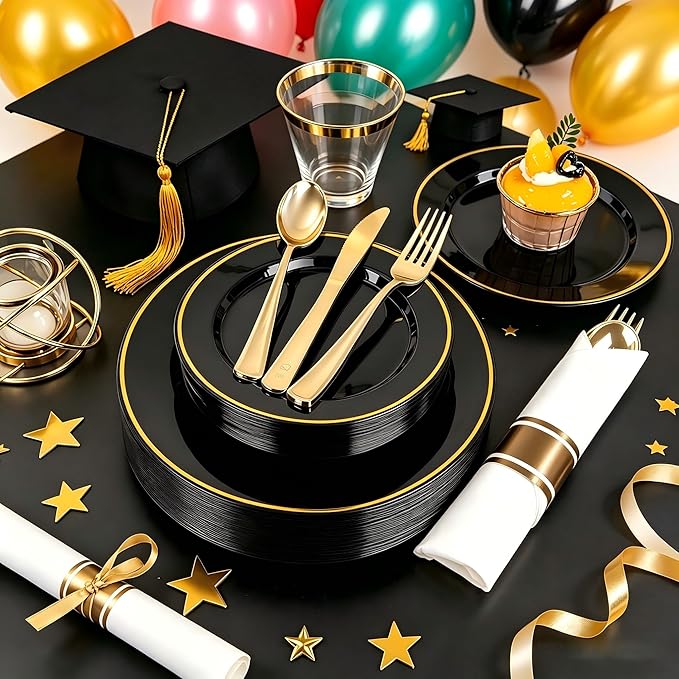 SUT 175 Pcs Black and Gold Plastic Dinnerware Set for 25 Guests, Include: 25 Dinner Plates, 25 Dessert Plates, 25 Pre Rolled Napkins With Silverware, 25 Cups, Disposable Plates for Party