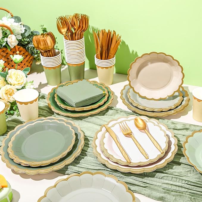 Mimorou 169 Pcs Sage Green Plates and Napkins Party Supplies for Guests Sage Green Tableware Include Scalloped Plates Paper Napkin Cup Spoon Fork Knife for Baby Shower, Wedding, Birthday