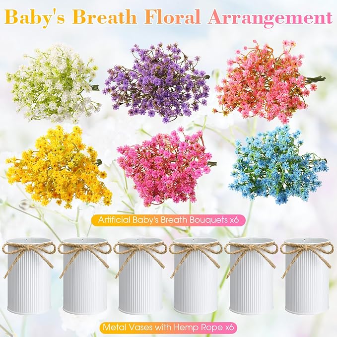 Wavwavw 6 Set Babys Breath Artificial Flowers Centerpieces for Tables Gypsophila Faux Fake Flowers with Vase Floral Arrangement Bouquets for Wedding Dining Table Home Party Decor