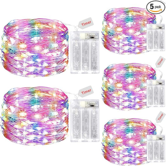 kolpop 5Pack Fairy Lights Battery Operated, 50 LED Mini String Lights with Timer, Multicolour Tiny Christmas Light for Indoor Wedding Bedroom Decorations