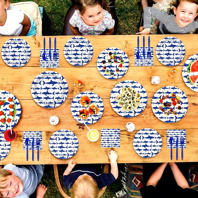Vesici 350 Pcs Shark Birthday Plates and Napkins Tableware Set with Ocean Shark Napkins Plates Cups Straws and Forks Disposable Tableware Sets for Summer Under The Sea Birthday Party Supplies