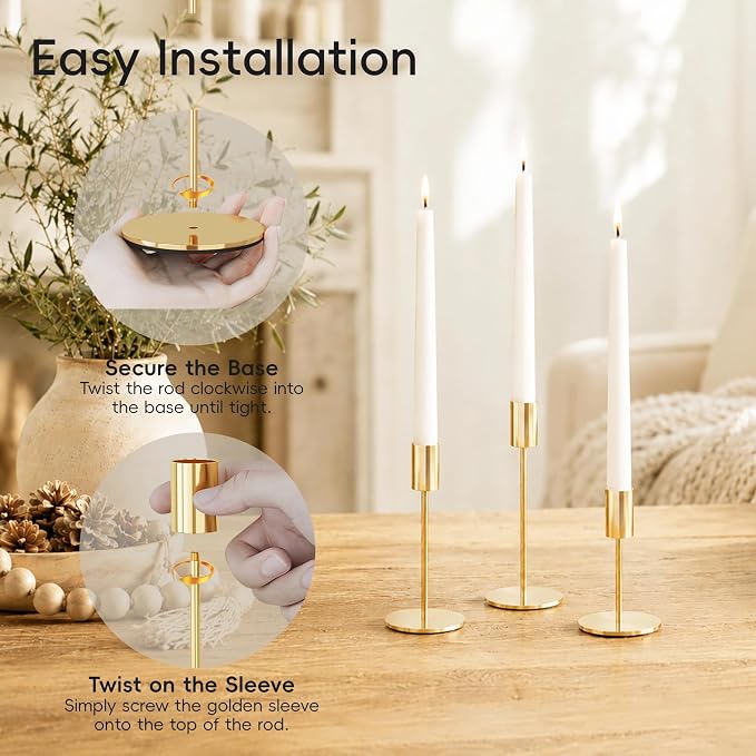 zeochyni French Gold Taper Candle Holders Set of 6, Tall Metal Candlestick Holders in 3 Heights with Weighted Base for Wedding Table Centerpiece, Dining Table, Mantel Decor and Housewarming Gift