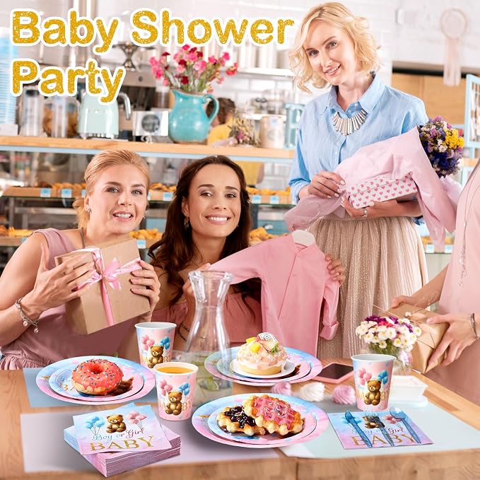 Funnymoom 400 Pcs Bear Gender Reveal Party Supplies for 50 Guests Boy or Girl Gender Reveal Disposable Plates Napkins Cups Spoons Forks Knives for Pink Blue Baby Shower Party Favors