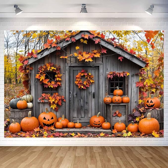 7 x 5 ft Fall Photography Backdrop Autumn Harvest Pumpkin Barn Farm Photography Backdrops Door Party Decorations Fall Festival Birthday Banner Photo Studio Props