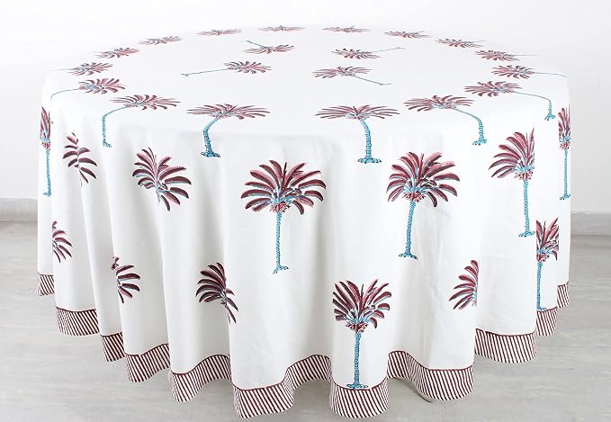 Ridhi Round Tablecloth Hand Block Print 100% Cotton Reusable Red Palm 110 Inch Table Cover Decorative Everyday Use for Dining, Home, Party, Wedding, Farmhouse, Party Gift for Spring, Mother's Day
