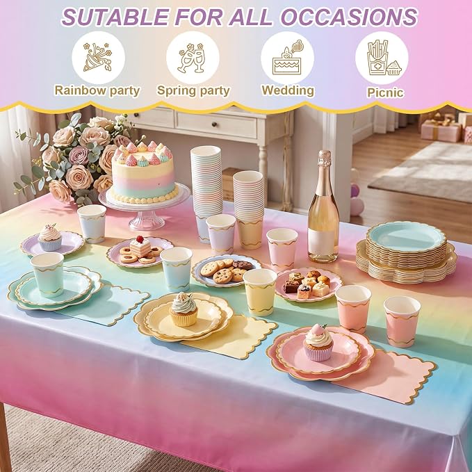 Yungyan 97 Pcs 24 Guests Pastel Gradient Rainbow Birthday Party Supplies Disposable Tableware Set 9 oz Paper Cups with Handle 7" 9" Paper Plate Napkin Tablecloth for Party Wedding Baby Shower