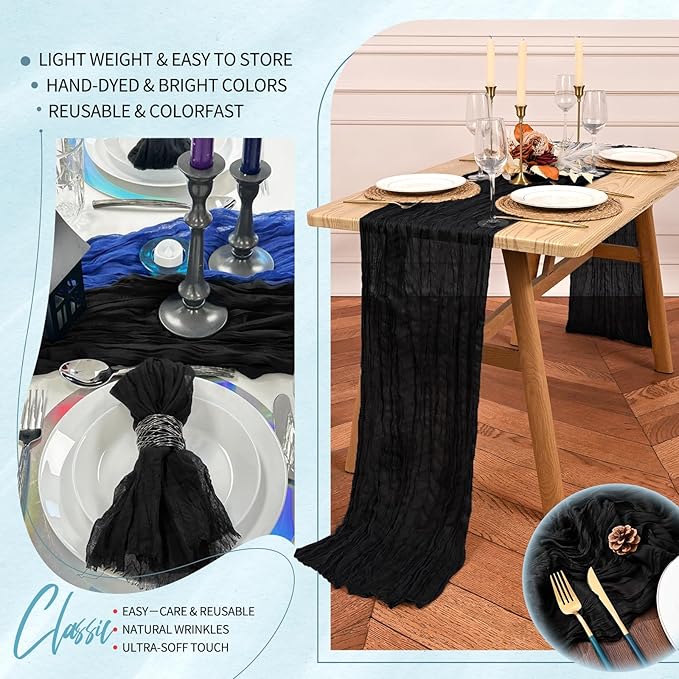 20 Pack Black Cheesecloth Table Runner 10FT Boho Gauze Cheese Cloth Table Runners Romantic Rustic Sheer Table Decorations for Wedding Party Baby Shower Birthday Holiday Home