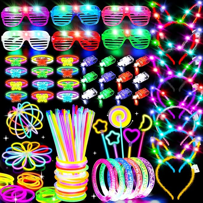 156Pcs Glow In The Dark Party Supplies for Kids/Adults, 4th of July Light Up Accessories LED Bracelet Necklaces Glasses Headband Glow Sticks Bulk Party Pack Neon Disco Birthday Pool Party Decorations