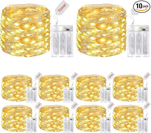 kolpop 10 Pack Fairy Lights Battery Operated with Timer, 16FT 50LED Mini String Light Battery Powered, Warm White Tiny Christmas Lights for Indoor Wedding Decorations