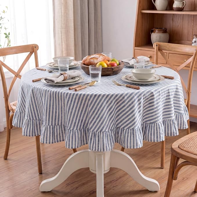 Boao Cotton 54 Inch Farmhouse Ruffle Tablecloth Blue White Striped Flounces Trim Table Cover for Round Table Kitchen Party Wedding Decor